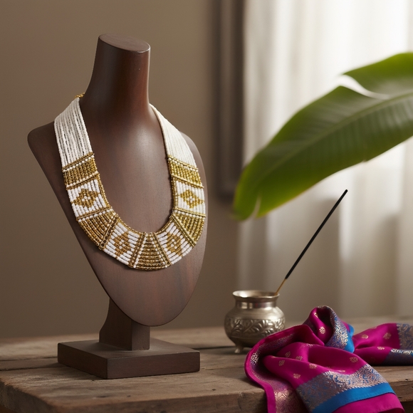 Handmade White Gold Beaded Layered Necklace Indian Artisan Statement Jewelry‎ - Picture 6 of 11